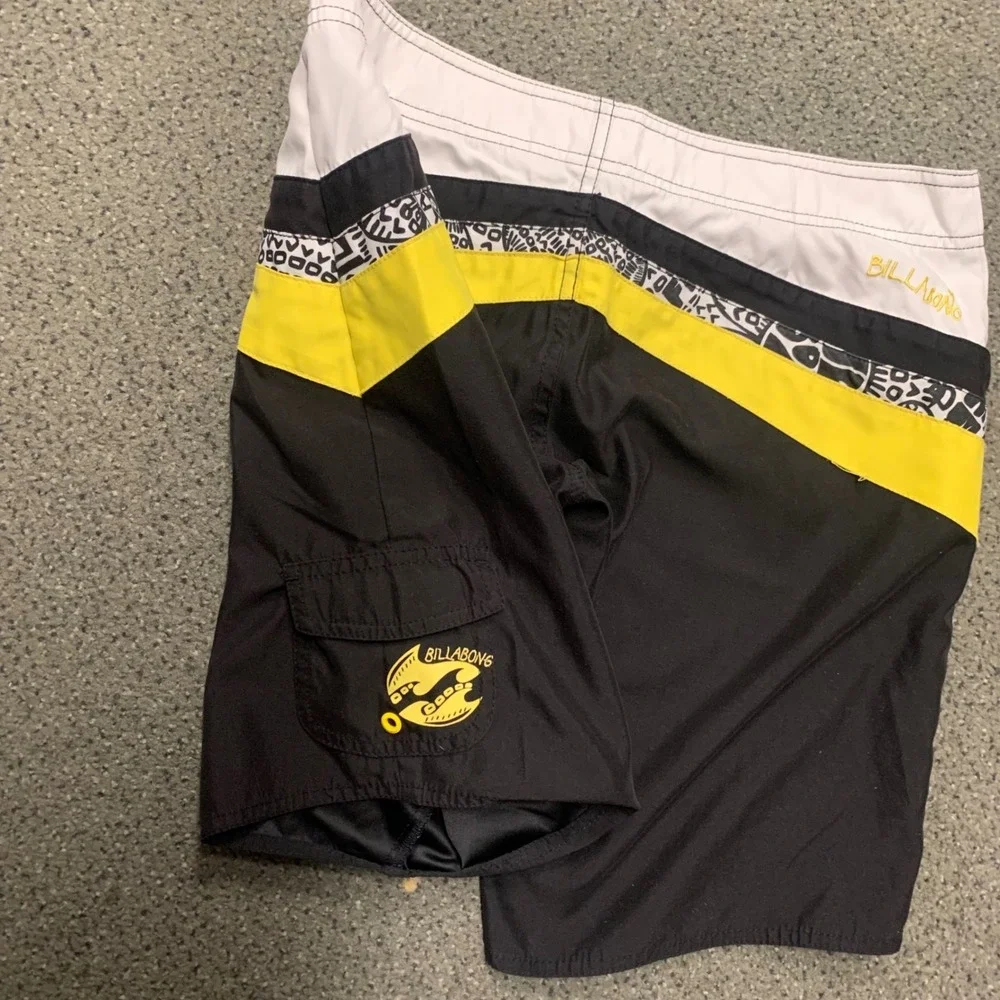 Billabong Boys Board Shorts Size 5‎ Black Yellow Colorblock Swim Trunks JI05ABEN